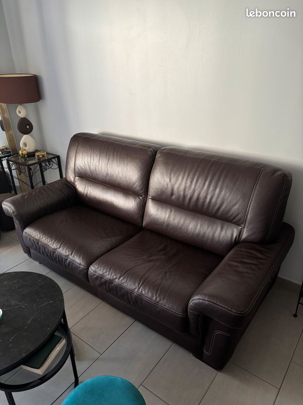 Canapé cuir véritable couleur marron foncé (image 3)