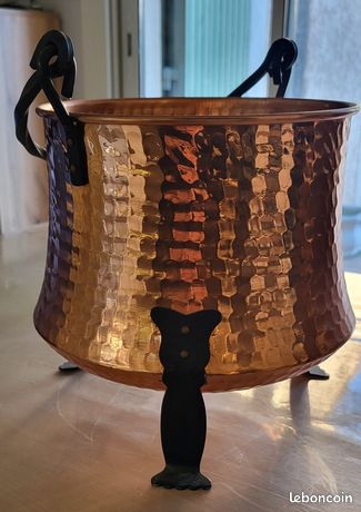 Ancien Chaudron Marmite Cuivre Martelé 25 Cm Anse Fer Forgé Cheminée
