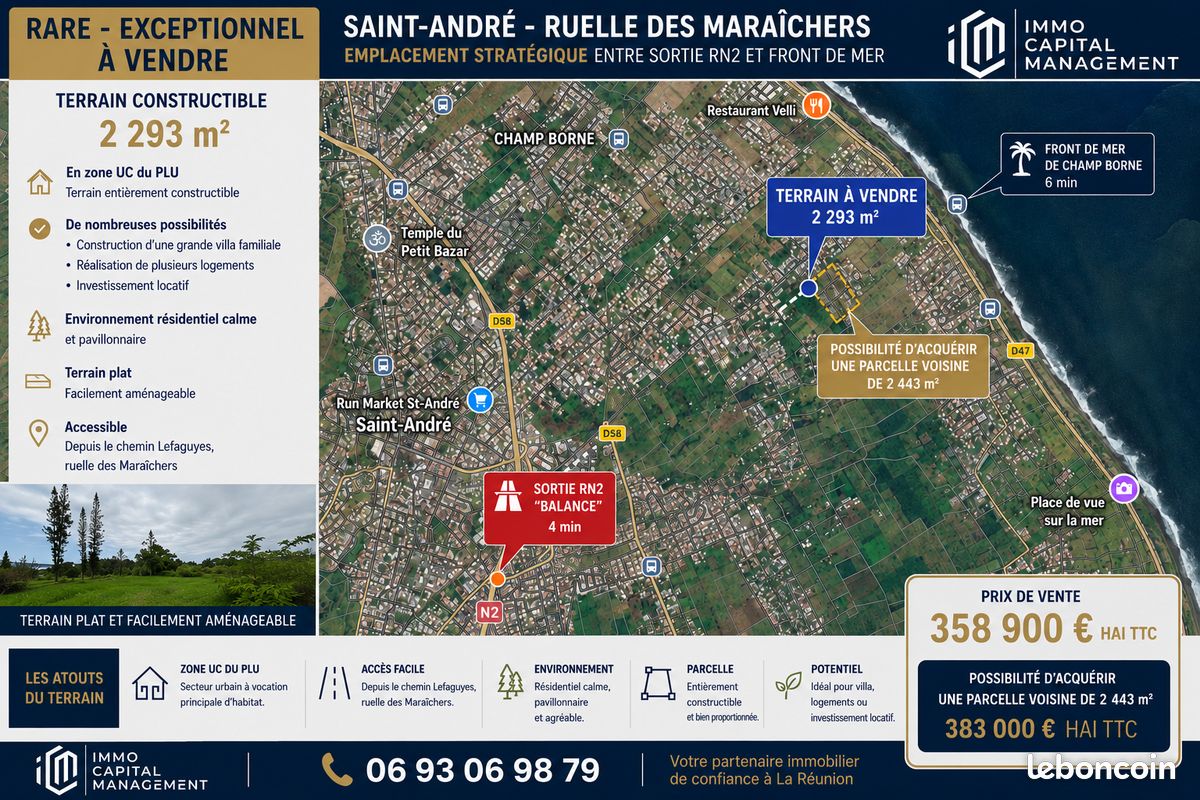 Terrain d’exception 2293 m² proche Champ Borne · à Saint-André · 358 900 €