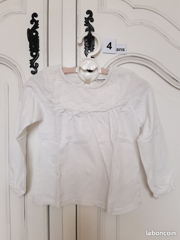 T-shirt Broderie Longues Manches Blanc Fille 4 ans Vertbaudet (image 1)