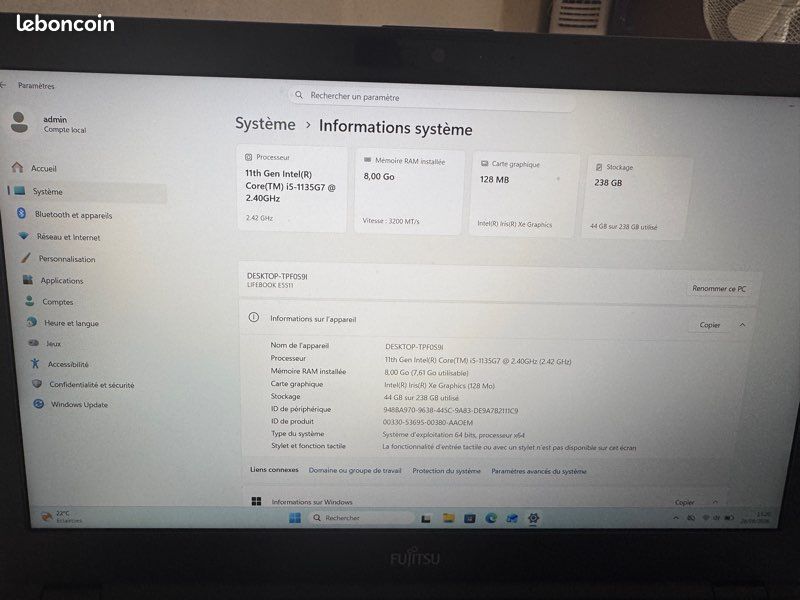 PC Portable Fujitsu LIFEBOOK E5511 - i5 11è gen / 8 Go / SSD 240 Go / Win 11 Pro (image 2)