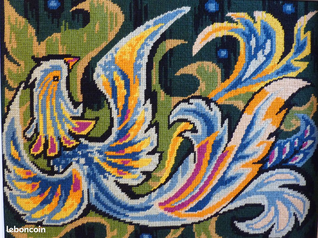 Ancien canevas tapisserie décor oiseaux