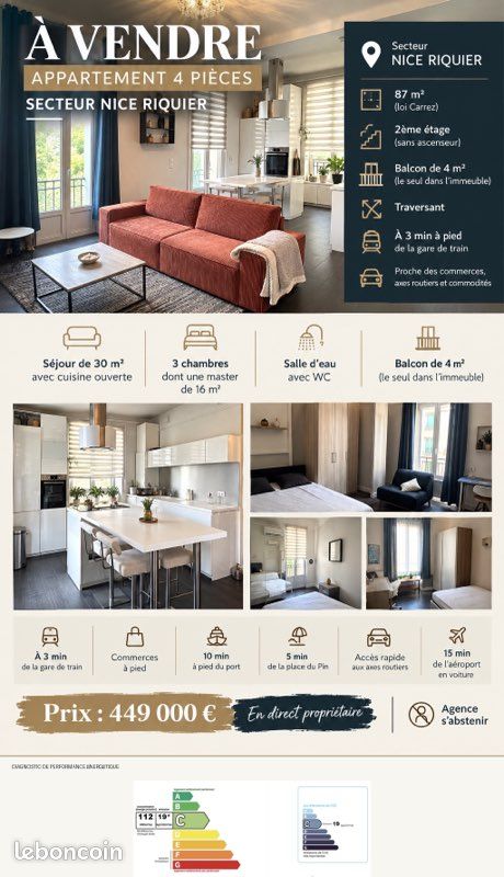 Appartement 4 pièces 87 m² · à Nice · 87 m² · 449 000 €