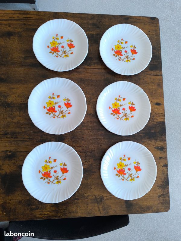 Lot De 6 Assiettes à Dessert Arcopal Vintage Motif Géométrique - Bon état, 19 Cm