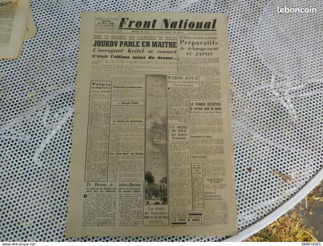 JOURNAL DE LIBERATION - FRONT NATIONAL - le 10 MAI 1945 - ORDRE DU JOUR DE GAULLE (image 1)