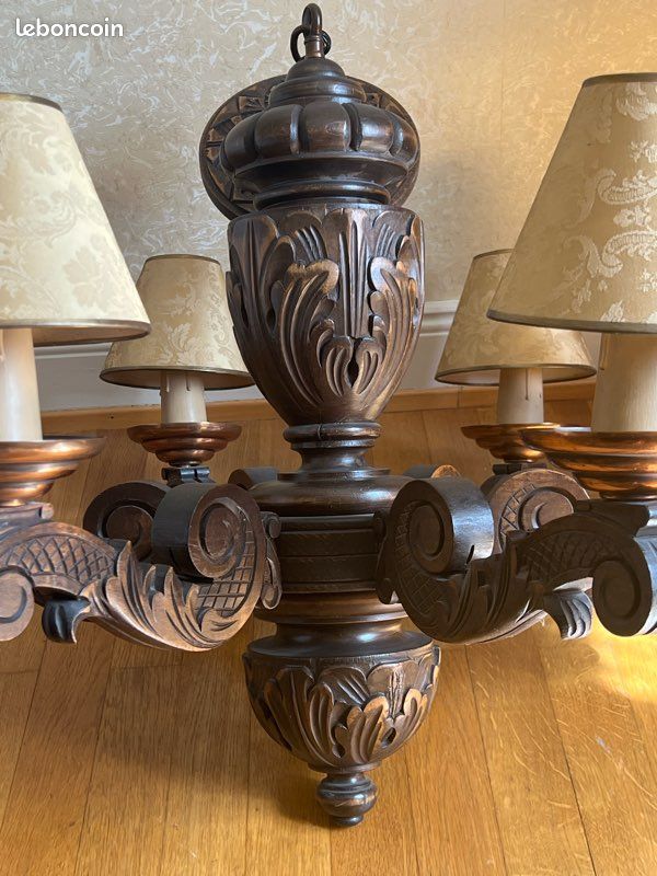 Lustre vintage en bois sculpté – 6 branches – style rustique / néo-Renaissance (image 3)