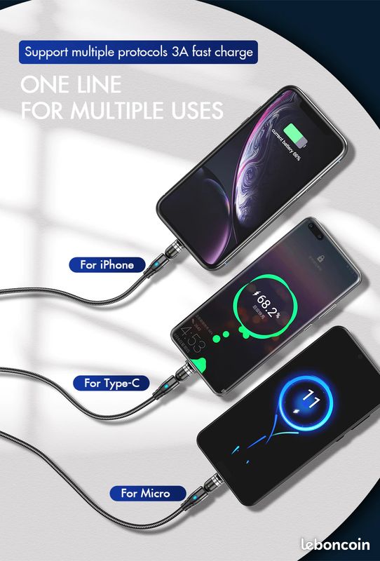 Câble USB 1m magnétique articulé 360° + 180° type-C pour charger samsung Xiaomi avec embout pivotant (image 3)