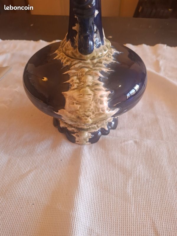 Vase Ancien Barbotine Bleu Cobalt & Email Relief - 35cm (image 4)