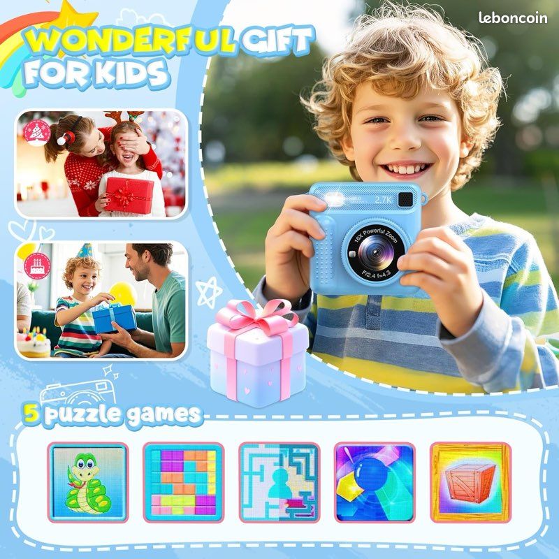 Appareil Photo Instantané Enfant – Impression Noire & Blanc + Sauvegarde Numérique 1080P – Écran 2,4", Zoom 16x, Jeux Intégrés – Cadeau 3-12 Ans – Carte 32 Go Incluse