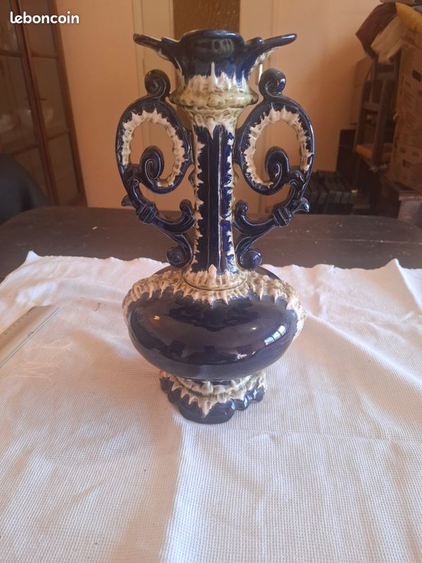 Vase Ancien Barbotine Bleu Cobalt & Email Relief - 35cm (image 2)