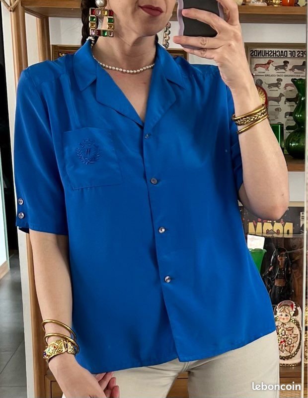 Chemisier vintage Weinberg Paris années 80 bleu néon – satin glossy - Vêtements