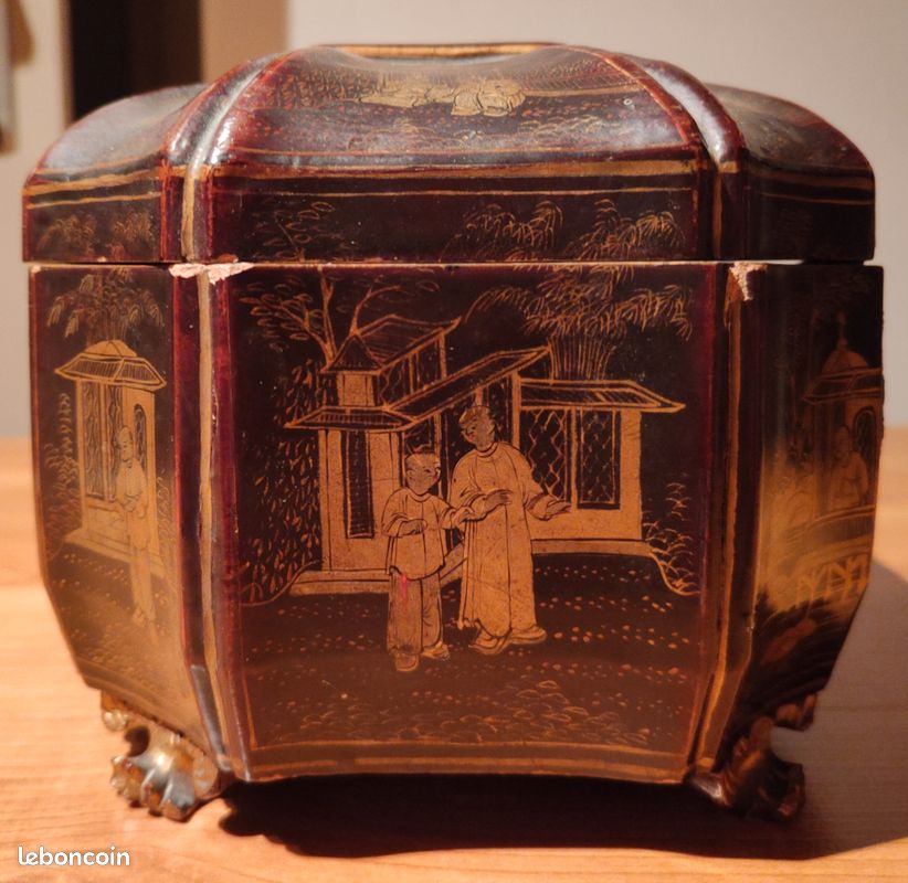 Boîte à thé chinoise ancienne en bois laqué noir et or (image 5)