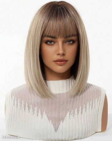 Perruque Synthétique Courte - Blond Doré Racine Foncée Lisse 30cm - NEUVE + 4 Bonnets