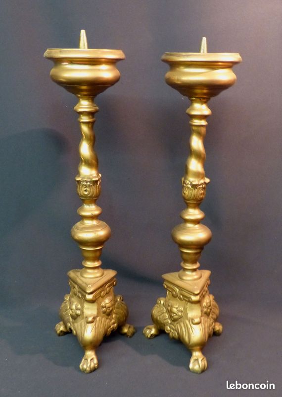 1890 paire grands bougeoirs candélabres pique-cierge 52cm6kg bronze doré église (image 4)
