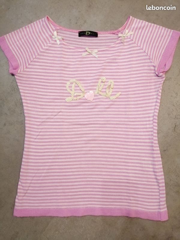 Pull D'été Court Panacher Taille M - Maille Ajourée Rayée Rose Et Blanc, Ample Et Léger