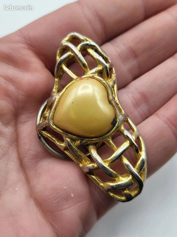 Pendentif Charm Vintage Cœur En Cage, Laiton Doré, état D'usage