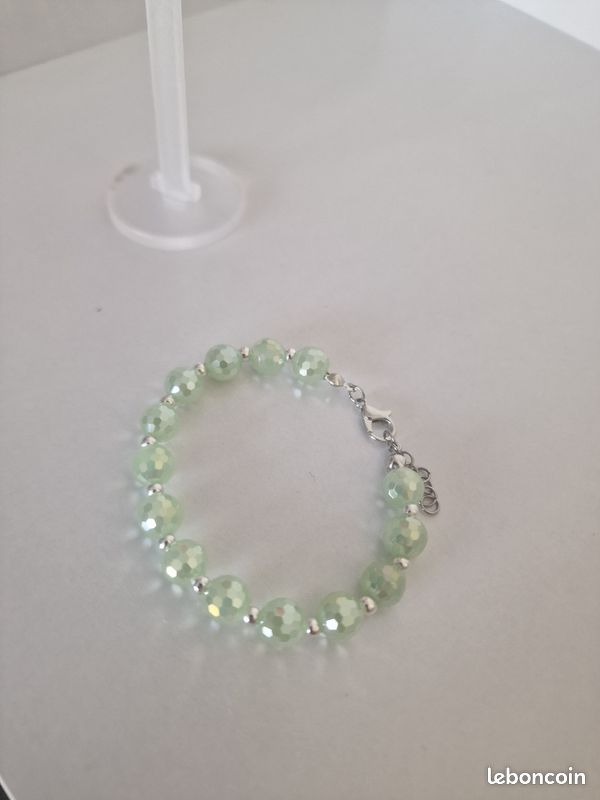 Bracelet Vintage Années 70 Perles Cristal Vert Et Beige Boréalis - Bijou Original