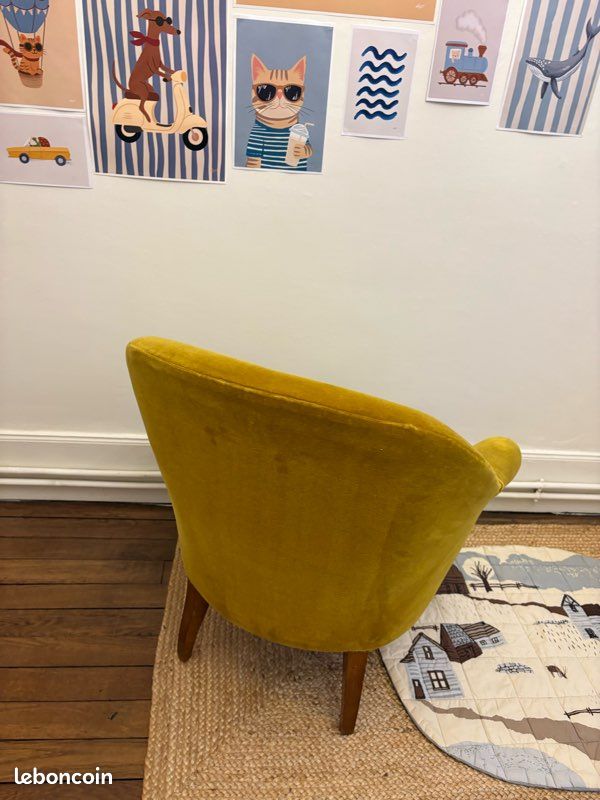 Fauteuil vintage velours jaune moutarde – style années 50/60 (image 7)