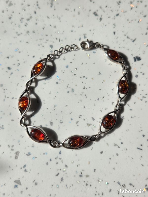 Bracelet B36 En Argent 925 Avec Cabochon Ambre Naturelle - Occasion - Lot Bijou 4