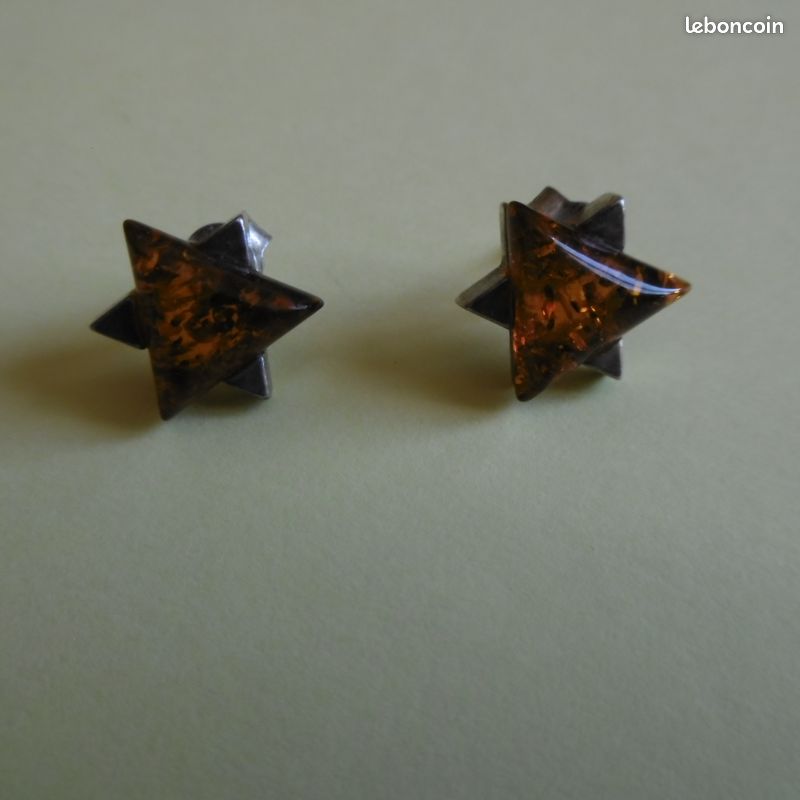Boucles D'oreille Vintage Années 70 - Ambre Et Argent Sterling - Coffret - Occasion