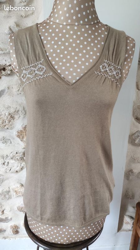 Pull débardeur Bel Air couleur taupe brodé taille 1 cashmere sans manches (image 1)