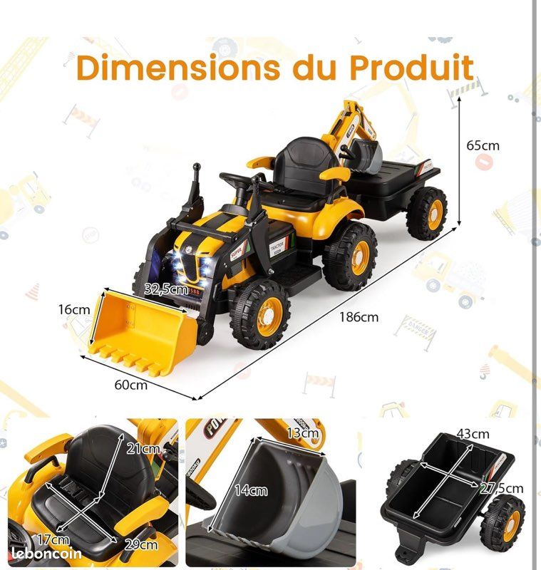 Tout neuf 4 en 1 Tracteur pour Enfant avec 6 Roues, Remorque Amovible, Pelle, Seau, Télécommande, LED et Musique, 3 Ans+, Jaune (image 2)