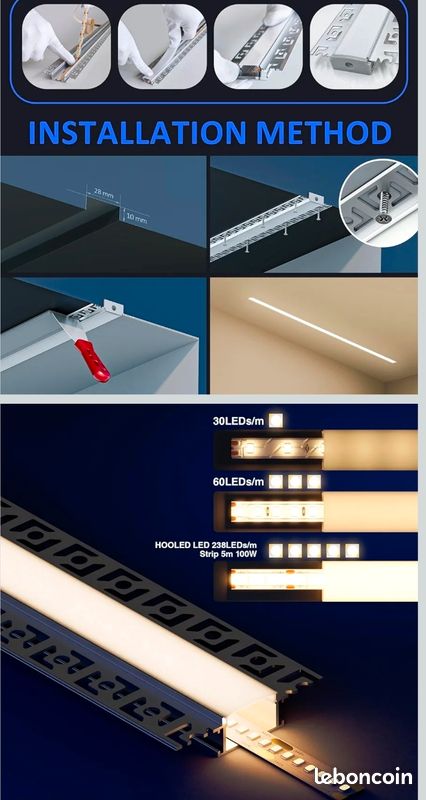 Profilé LED Encastrable Placo KOSOOM - 2 Mètres, Aluminium, Pour Ruban LED ≤12 Mm, Avec Diffuseur Opalin