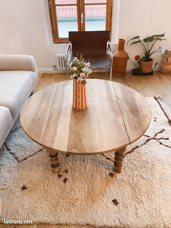 Table basse ovale bois massif vintage plateau rabattable bohème campagne chic (image 2)