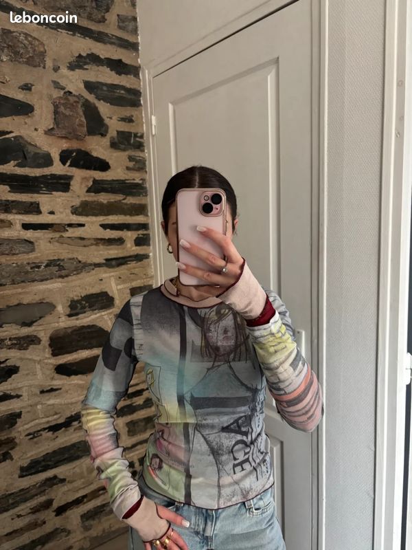Top mesh Cop Copine manches longues multicolore y2k imprimé graphique vintage | Taille S (image 2)