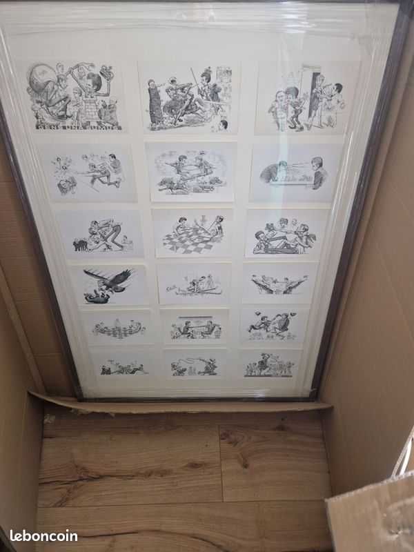 Lot complet de 18 CARICATURES de FISCHER SPASSKY échecs 1972 par Haldor PETURSSON avec très grande cadre d'exposition (image 2)