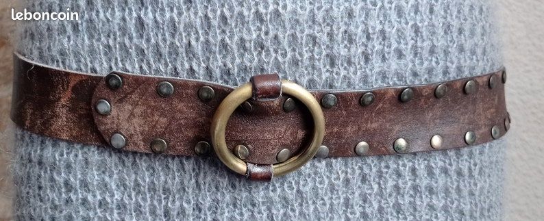 Ceinture En Cuir Marron Vintage Cloutée Et Ajourée - Taille 100 - Large - Création Unique Bohème