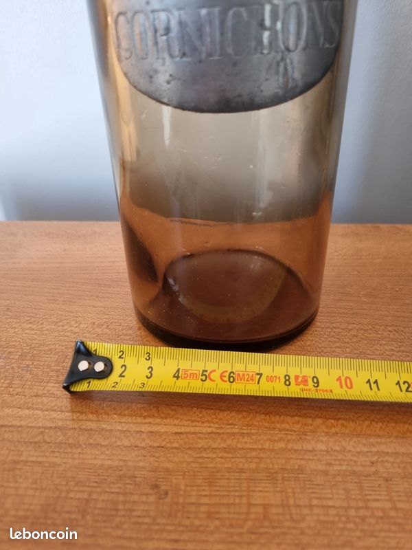 Ancien pot / bocal à cornichons vintage en verre fumé et métal (image 5)