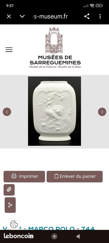 Ancien vase biscuit Marco Polo Sarreguemines, décor asiatique/ oiseau,af1604 (image 6)