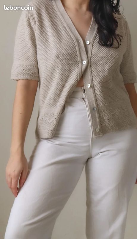 Cardigan à manches courtes beige clair vintage (image 20)