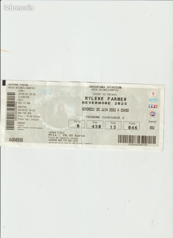 Billet de concert Mylene farmer NEVERMORE 2023 (image 1)