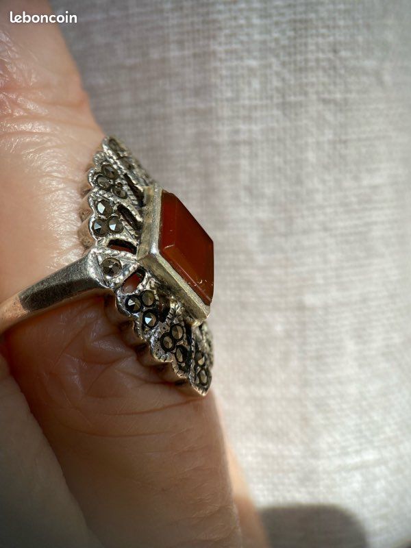 Bague Ancienne En Argent Massif 925 - Style Jonc/alliance Marquise - Occasion - France