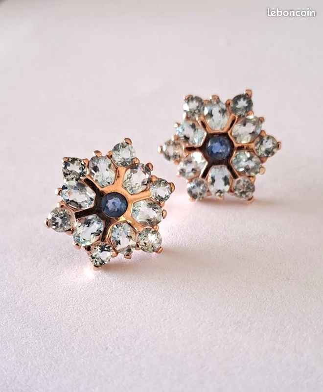 Boucles D'oreilles Clips En Argent 925 Avec Saphirs Et Topazes Rondes - Neuf Avec étiquettes - Style Doré