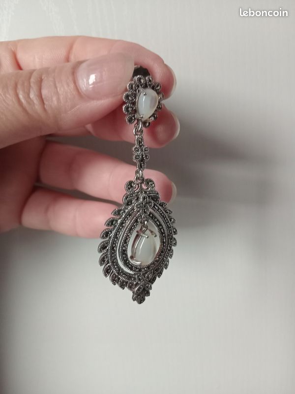 Boucles D'oreilles Anciennes Art Déco Argent 925 - Pierre Sertie - Vintage UK