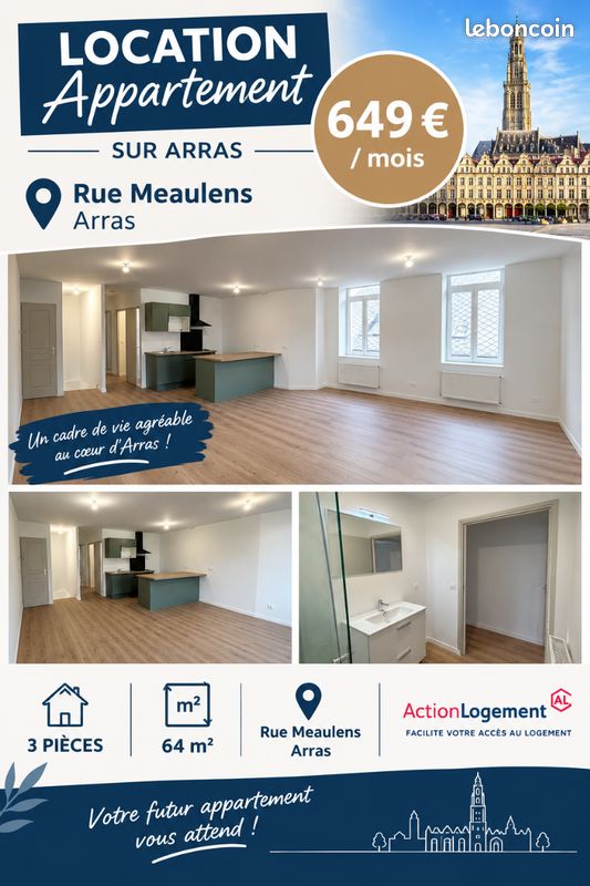 Appartement 3 pièces 64 m² · à Arras · 64 m² · 649 €/mois