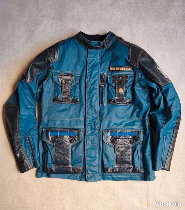 Veste moto imperméable toile et cuir ICON 1000 Beltway bleu Baja