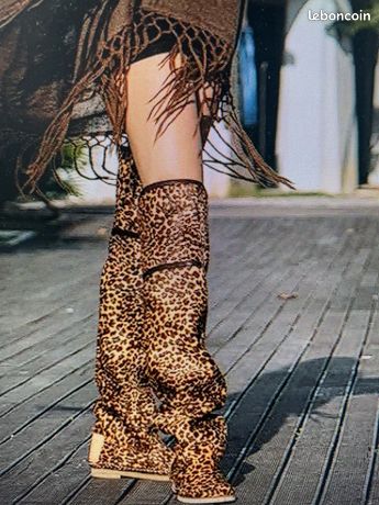 Bottes Hautes Femme Cochni En Daim/fausse Fourrure Léopard - Modèle Y001, Neuves Avec Boîte