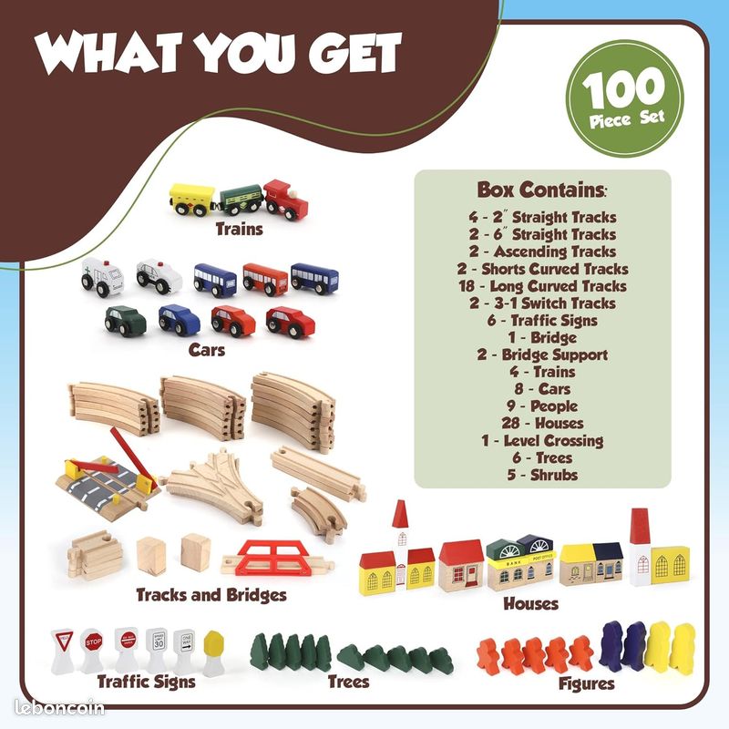 Play Build Ensemble De Train en Bois Enfant, Ensemble De Train Complet pour Tout-Petits, Ensemble De Jeu Et d'apprentissage Interactif De 100 Pièces, Conception Créative De Voie De Train Bois (image 6)
