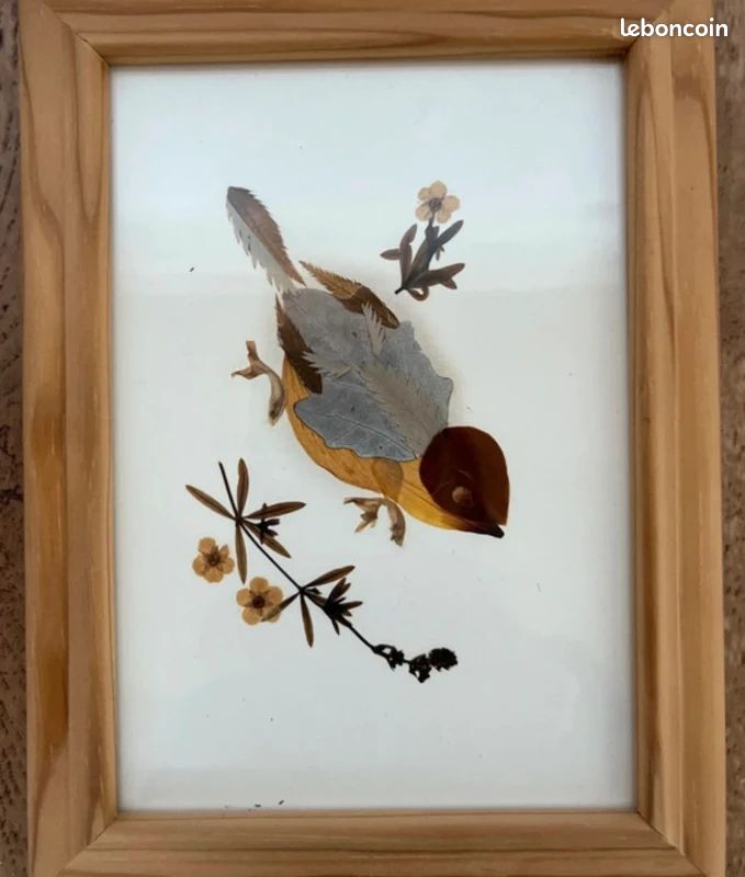 Tableau Miniature Oiseau Sur Feuille D'or - Avec Cadre Et Chevalet Bois - 13x16,5 Cm