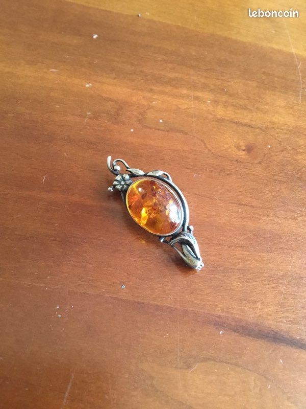 Broche Élégante En Argent 925 Et Ambre Naturel – Design Asymétrique Unique – Coffret Cadeau Inclus