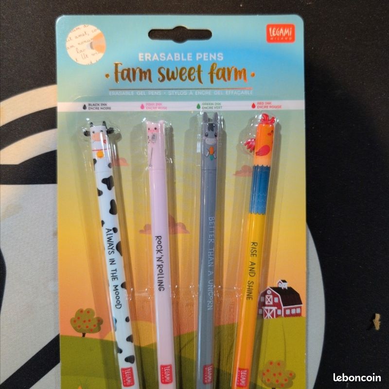 Lot De 4 Stylos Effaçables Legami Thème Animaux De La Ferme - Neuf