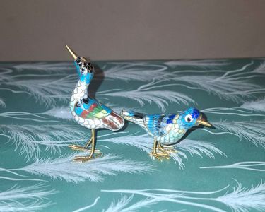 Figurine Oiseau En Cloisonné Chinois Vintage - Avec Support En Bois - Fait Main