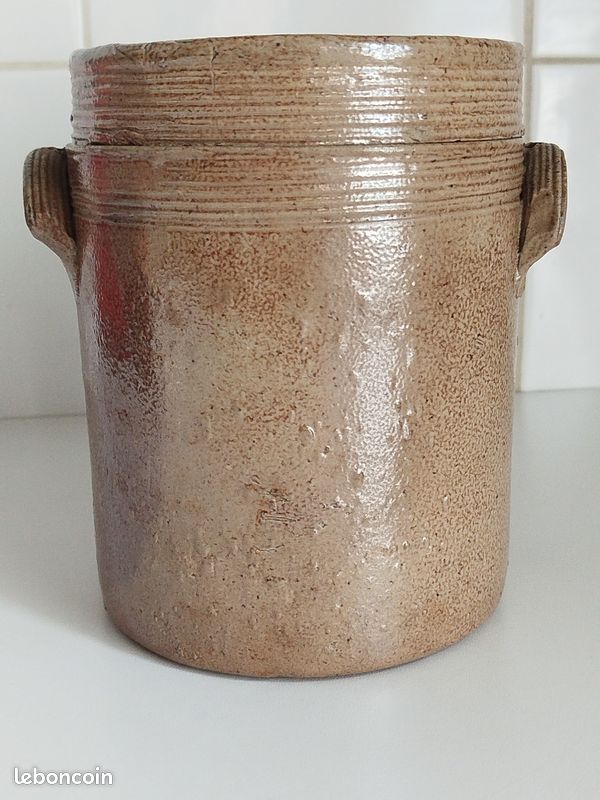 Pot en grès avec anse marron vernissé brillant et gris moucheté vintage Gris/Marron