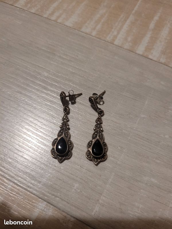 Boucles D'oreilles Anciennes Modernist Années 1930 - Onyx Et Argent Massif - Occasion - Style Art Déco