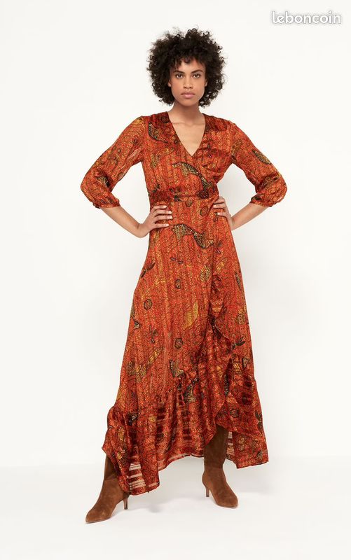 Robe D'été BA&SH - Taille 36, Couleur Orange/rouge/noir, Coupe Ample