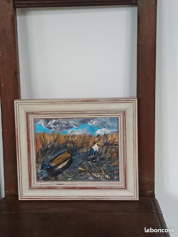 Petite huile sur toile encadrée représentant les roseaux de Gallician en Camargue (image 1)